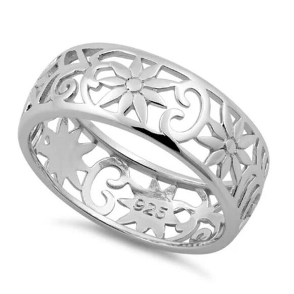 New Sterling Silver Flower Band Ring - Picture 1 of 4